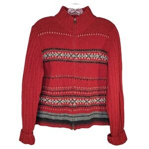 Vintage Eddie Bauer Red 100% Lambswool‎ Cardigan Sweater Medium Fair Isle Cozy